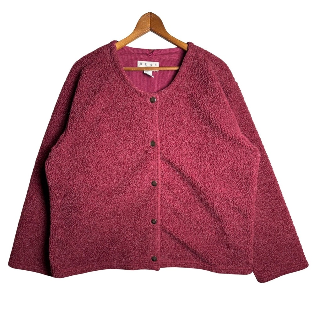 Real‎ Comfort Womens XL Sherpa Fleece Cardigan Jacket Burgundy Snap Front